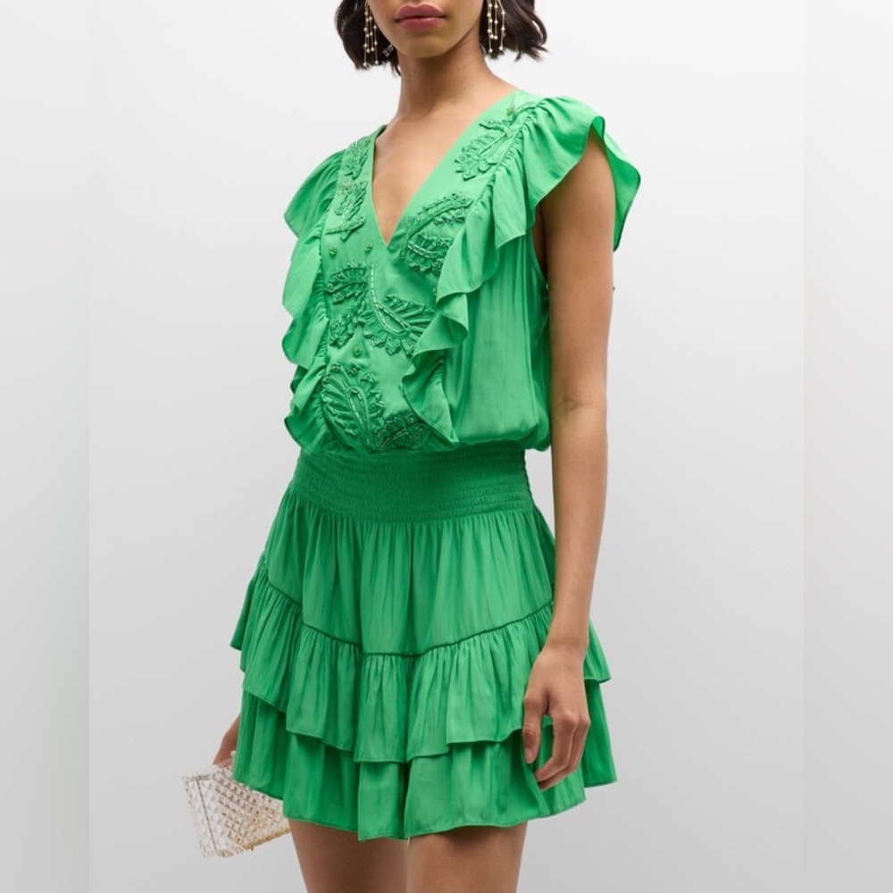 Ramy Brook Ari Embroidered Flutter-Sleeve Mini Dress